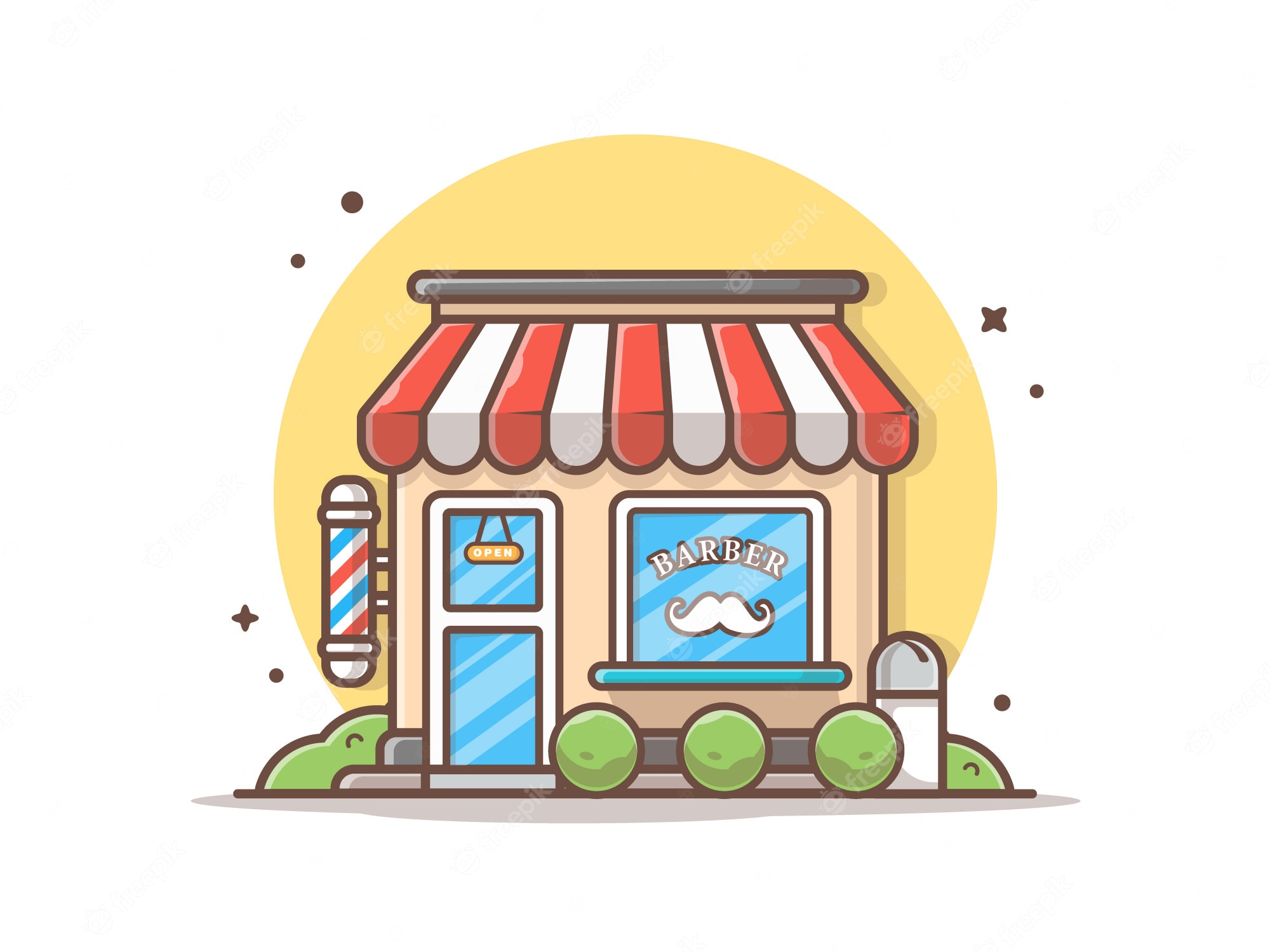 Cute cartoon barber shop with red-and-white striped awning, pole, and mustache sign.