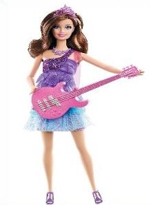 Barbie doll in purple sequined top and blue skirt holding a pink electric bass guitar, with brown wavy hair and tiara.