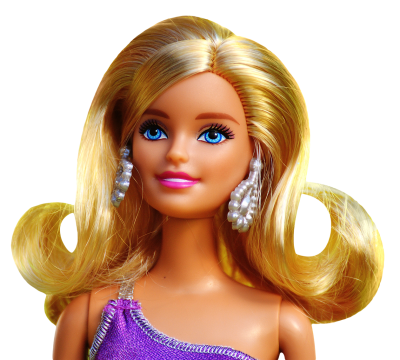 Blonde Barbie doll with blue eyes, pearl earrings, and purple dress against white background.