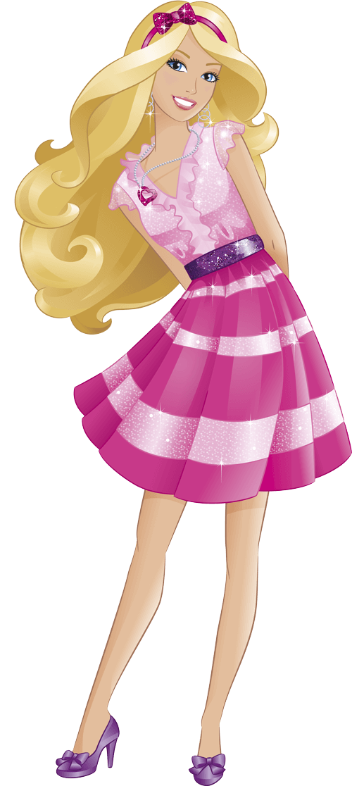 Barbie doll in a sparkly pink dress with striped skirt, purple heels, and heart necklace, smiling with long blonde hair.