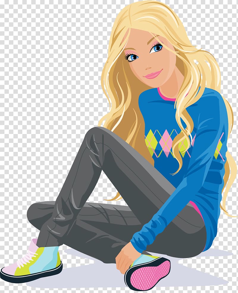 Blonde cartoon girl sitting cross-legged, wearing blue argyle sweater, gray pants, and colorful sneakers.