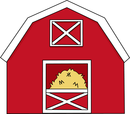 Red barn with white trim, X-pattern windows, and hay visible through the lower door.