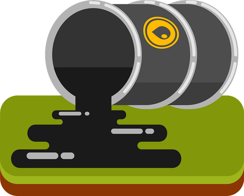 Oil barrels spilling black crude onto green ground, symbolizing environmental contamination from fossil fuel extraction.