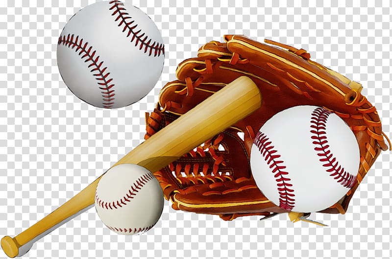 Baseball equipment including bat, glove, and three baseballs on transparent background.