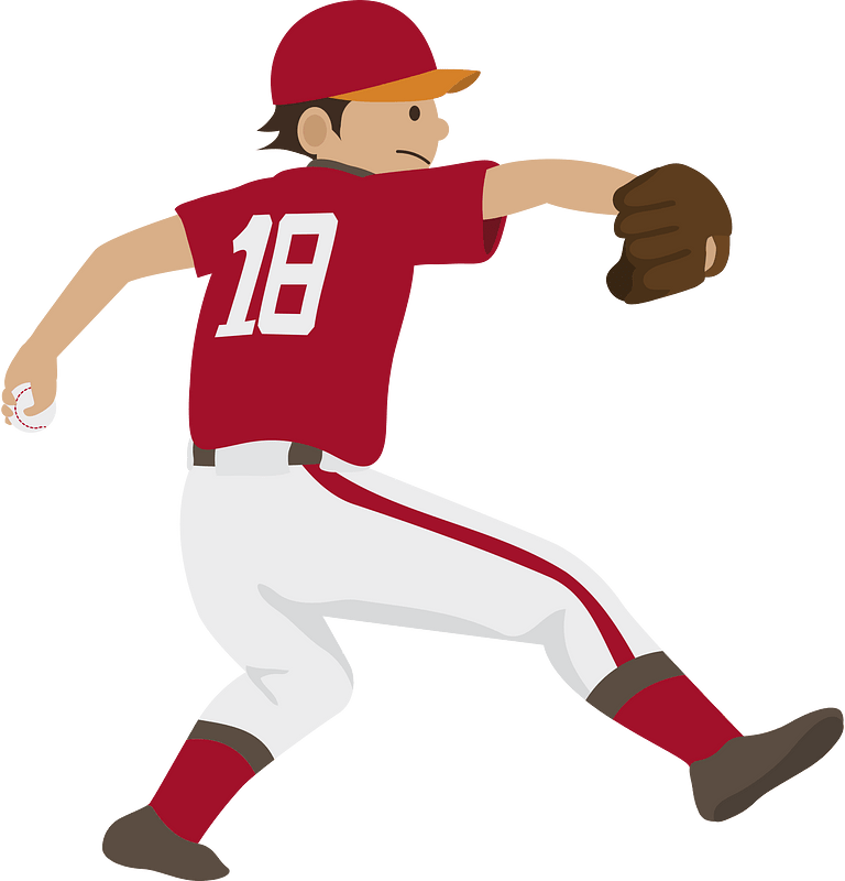 A cartoon baseball pitcher in a red jersey with number 18, mid-throw, wearing cap and glove.