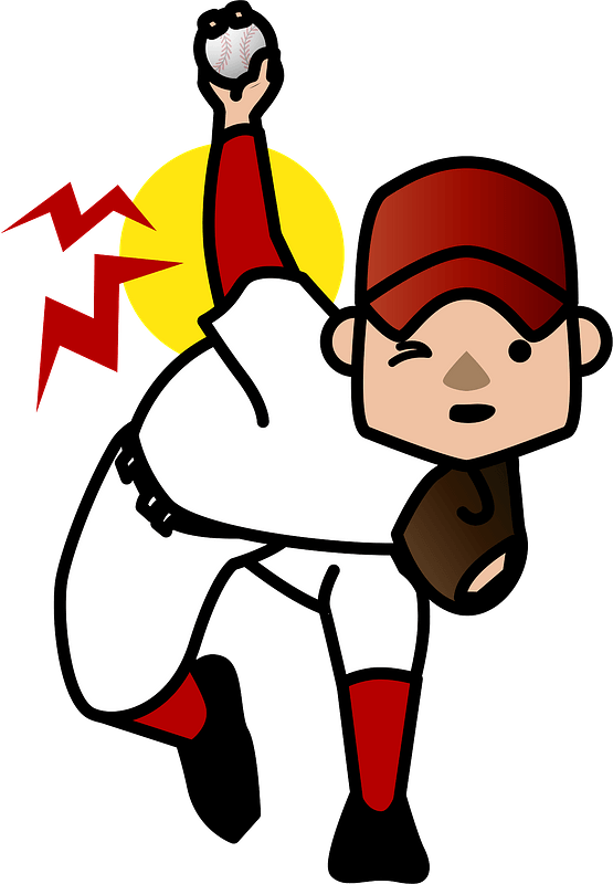 Cartoon baseball pitcher mid-throw with lightning bolt and sunburst effect, wearing red cap and white uniform.