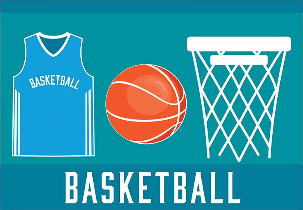 Blue basketball jersey, orange ball, and white hoop on teal background with "BASKETBALL" text.