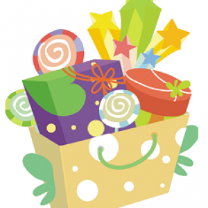 A colorful gift bag overflowing with wrapped presents, lollipops, stars, and festive decorations.