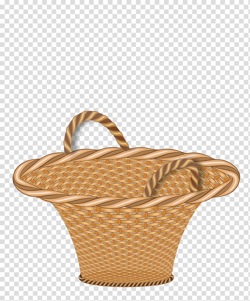 Handwoven wicker basket with twisted handle and rim, light brown natural fibers on transparent background.