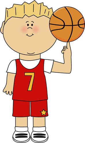 Cartoon boy in red basketball uniform with number 7 spinning a basketball on his finger.