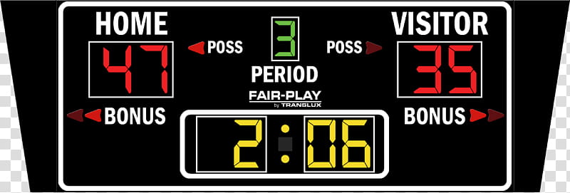 Digital basketball scoreboard showing Home 47, Visitor 35, Period 3, with 2:06 remaining and bonus indicators.
