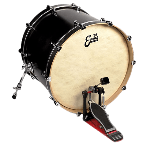 Black Evans-branded bass drum with pedal and chrome hardware on green background.