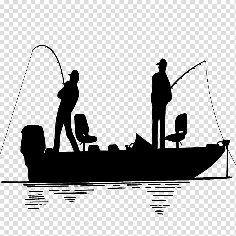 Silhouette of two anglers fishing from a motorboat on calm water, rods bent with catch.