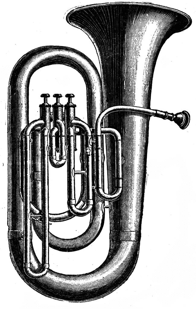 Cartoon tubist. Musician playing a tuba. Clipart, hand-drawn