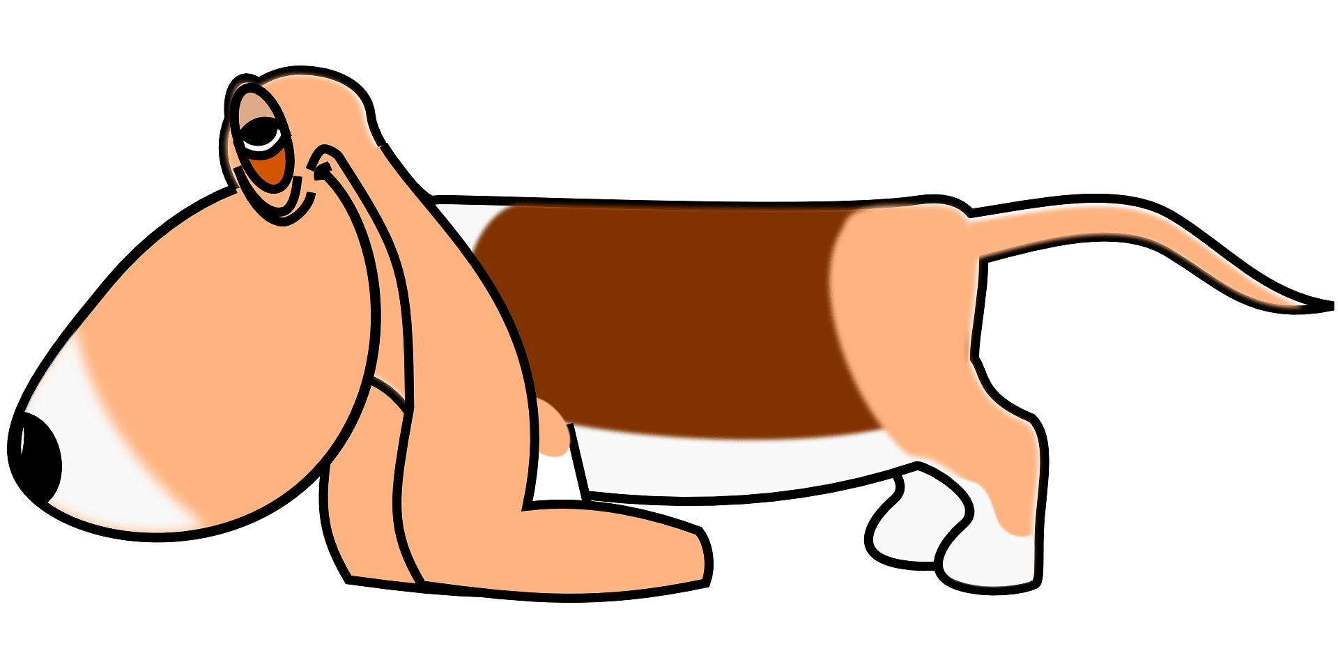 Cartoon basset hound lying down with long ears, brown-and-white coat, and expressive eyes on teal background.