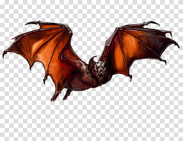 A menacing fantasy bat with large orange-brown wings, sharp claws, and a demonic face in mid-flight against transparent background.