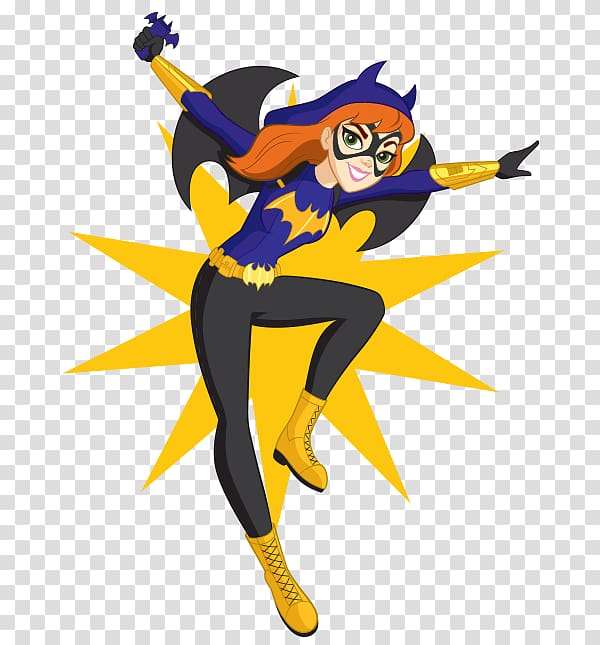 Batgirl in dynamic flying pose with yellow starburst, purple and black costume, orange hair, and bat emblem.