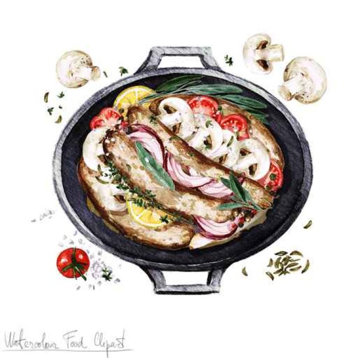 Watercolor illustration of a cast-iron skillet with sautéed fish, mushrooms, onions, tomatoes, lemon, and herbs.