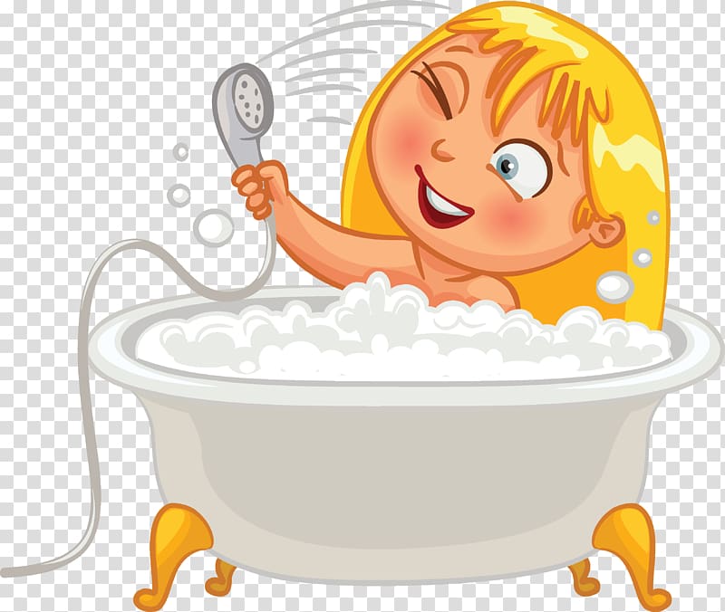 Happy cartoon child with blonde hair smiling while showering in a bubble-filled bathtub with a handheld showerhead.