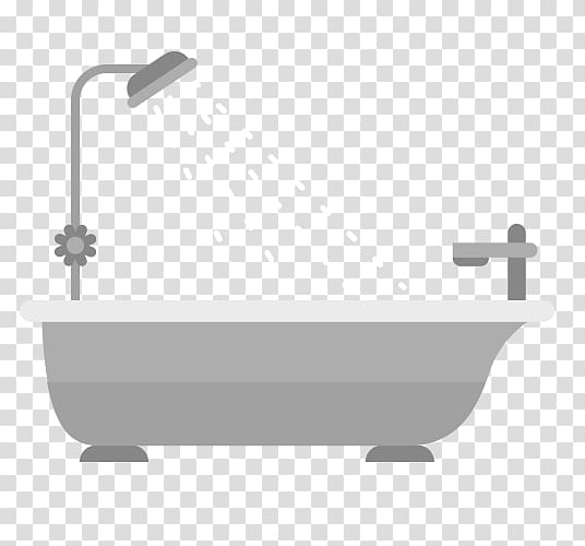 Gray flat-style illustration of a classic clawfoot bathtub with showerhead and faucet, water droplets falling.