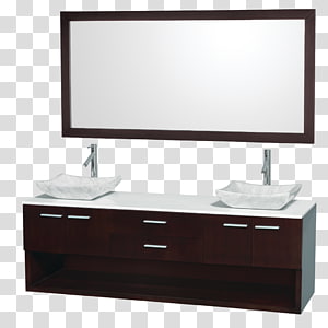 Modern double-sink vanity with dark wood cabinet, white countertop, vessel sinks, and large rectangular mirror.
