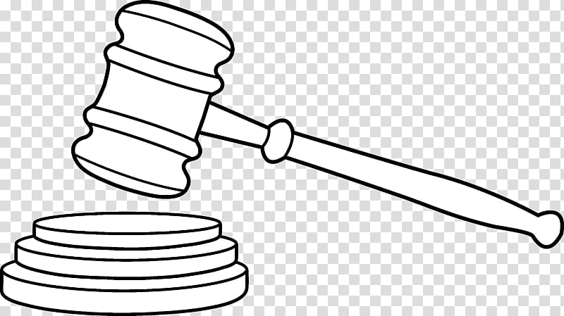 Black-and-white line drawing of a judge’s gavel striking a sound block on a transparent background.