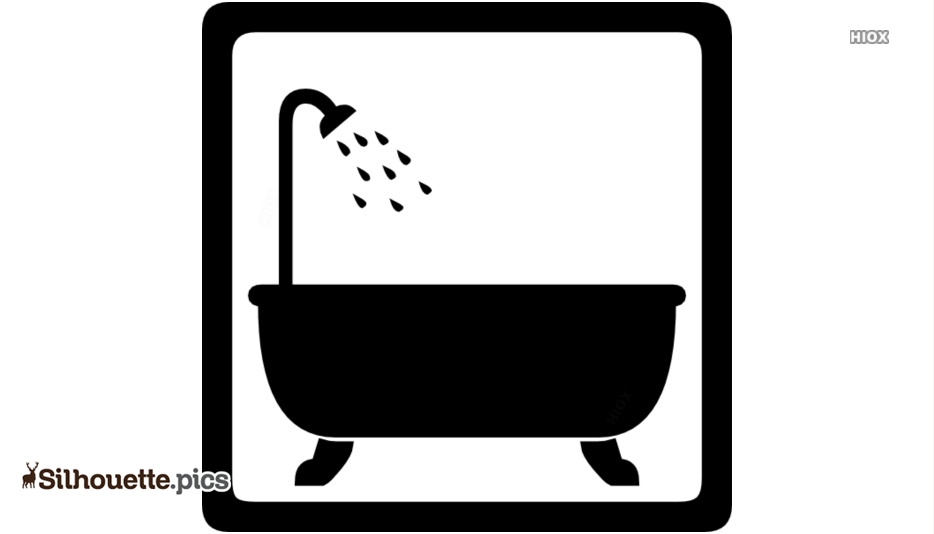 Black silhouette of a classic clawfoot bathtub with overhead showerhead and falling water droplets, enclosed in a square frame.