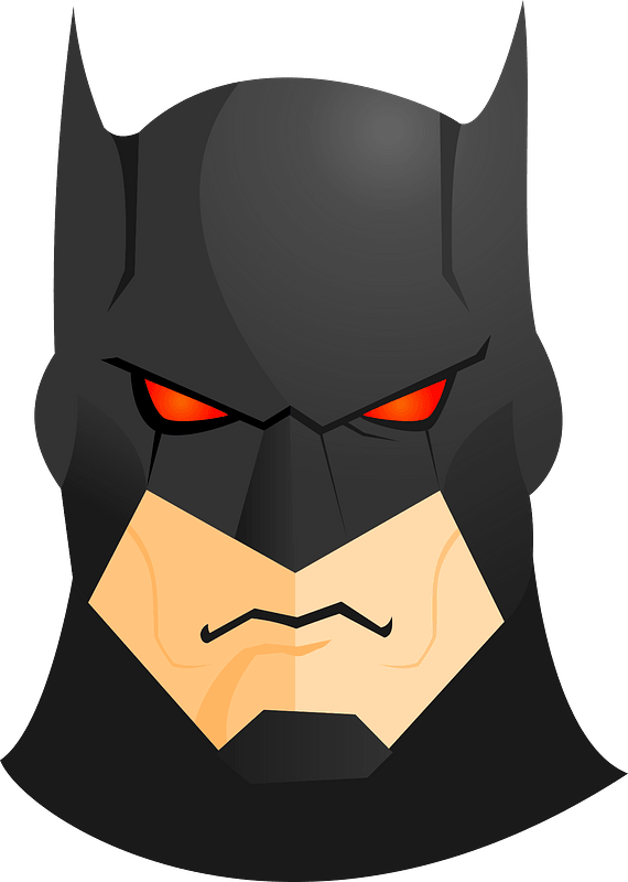 Stylized Batman mask with glowing red eyes and stern expression, flat vector design.