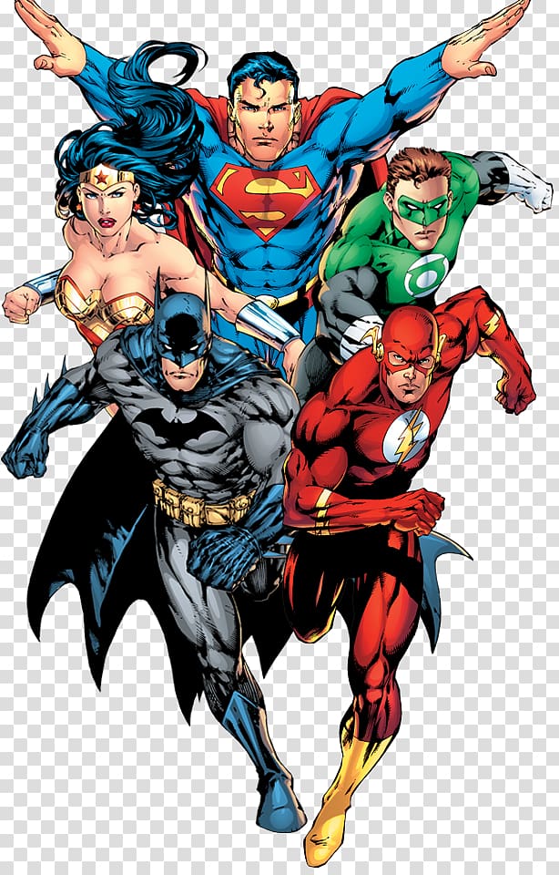 Superman, Wonder Woman, Batman, Green Lantern, and The Flash posed dynamically in iconic superhero costumes.