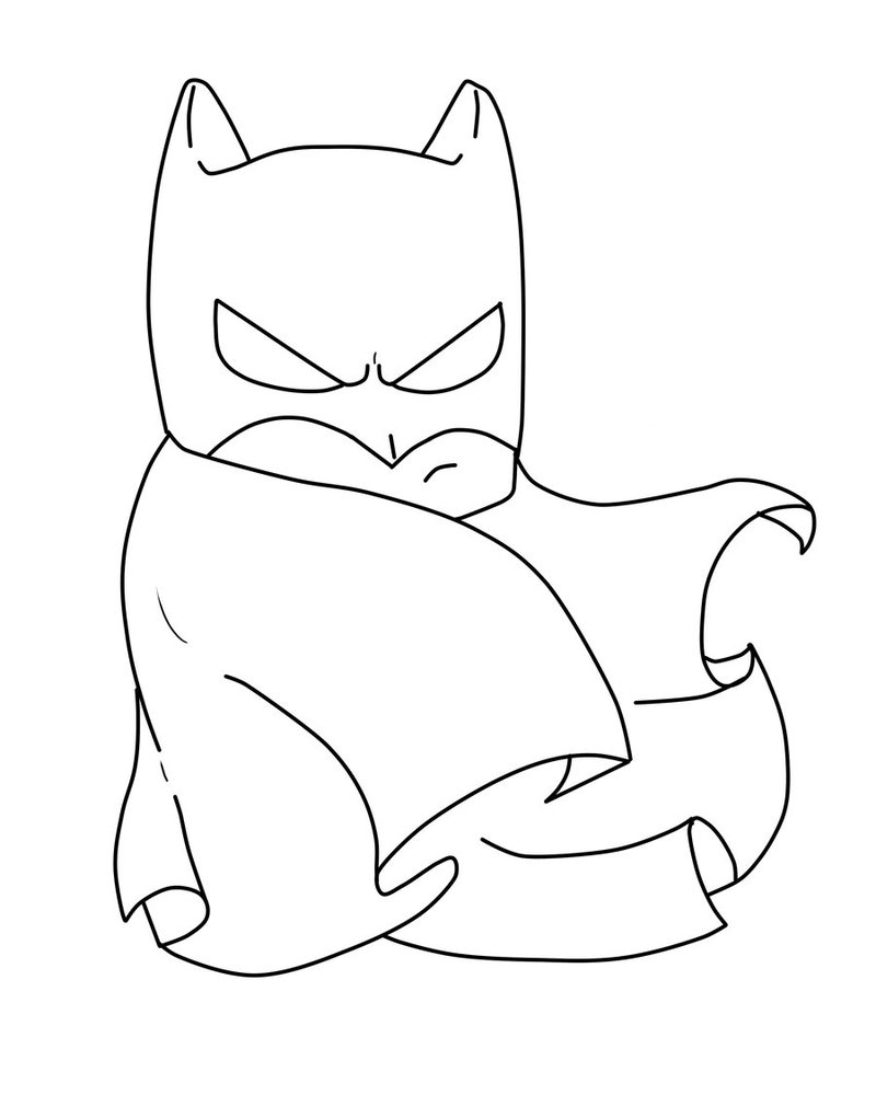 Chibi-style Batman sitting with arms crossed, wearing cowl and cape, stern expression.