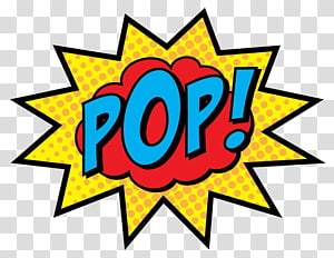 Comic-style "POP!" explosion graphic with bold blue text on red cloud, yellow starburst background.