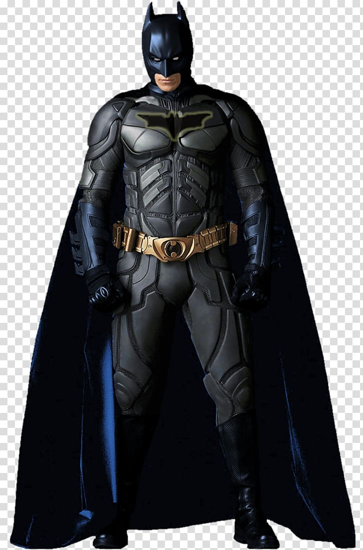 Batman in armored suit with gold utility belt and flowing black cape, standing confidently.