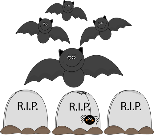Four smiling cartoon bats flying above three tombstones labeled "R.I.P.", one with a spider peeking out.