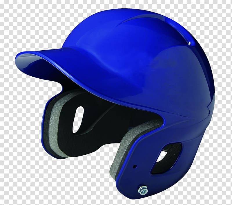 Glossy royal blue baseball batting helmet with ear protection and chin strap attachment, isolated on transparent background.