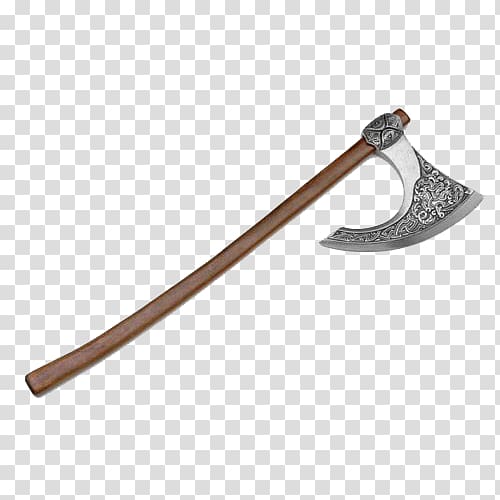 Ornate Viking-style battle axe with wooden handle and intricately engraved silver blade on transparent background.
