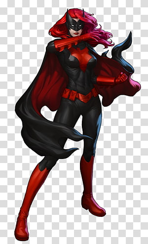 Batwoman in a dynamic pose, wearing a black and red suit with a flowing cape and cowl, vibrant red hair flowing behind her.