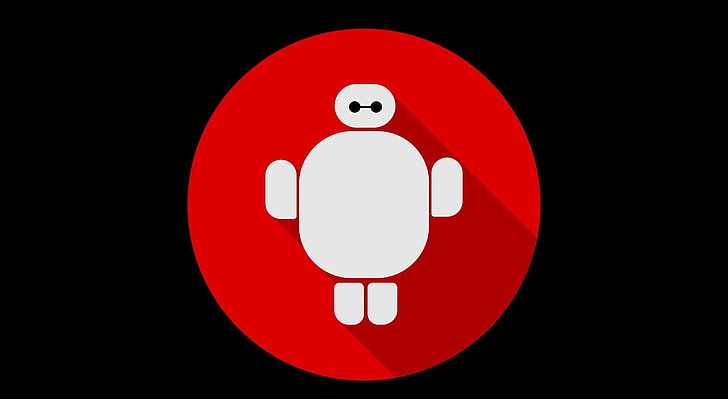 White Baymax robot icon on red circular background with long shadow, minimalist flat design.