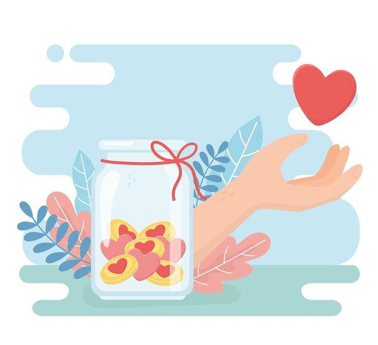 A hand reaching toward a floating red heart beside a glass jar filled with heart-shaped cookies, tied with a red ribbon and surrounded by leaves.