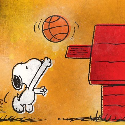 Snoopy leaps to shoot a basketball toward his red doghouse hoop, classic Peanuts illustration.