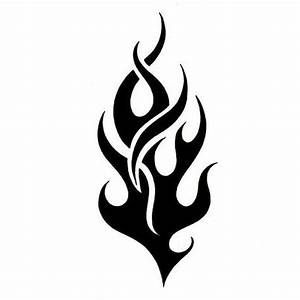 Black tribal flame tattoo design with flowing, symmetrical stylized fire motifs on white background.