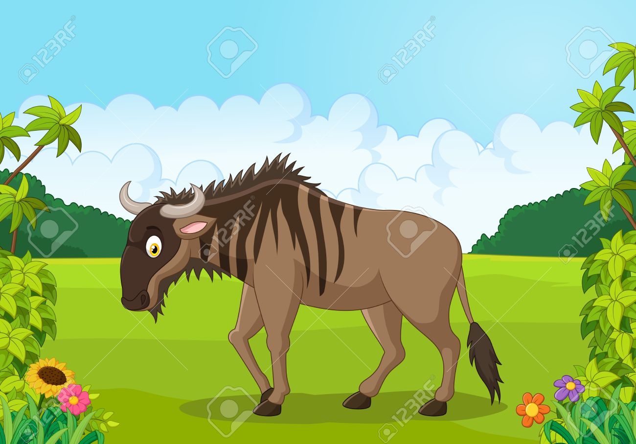 Cartoon wildebeest standing in a lush green field with flowers and palm trees under a blue sky.