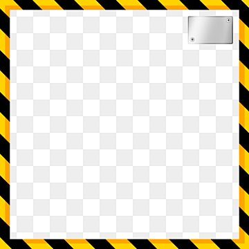 Yellow and black caution border with metallic plate in top-right corner on transparent background.