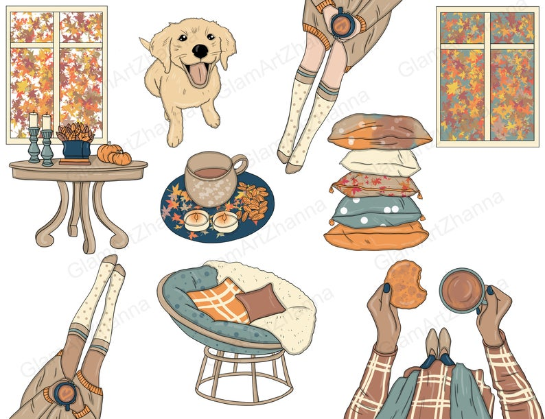Cozy autumn scene with golden retriever, pumpkin decor, warm drinks, plaid blankets, and fall foliage views through windows.