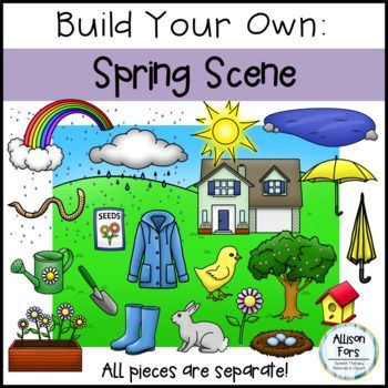 Build Your Own Spring Scene activity with separate illustrated elements like rainbow, house, chick, boots, and flowers.