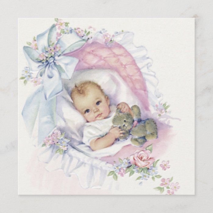 Vintage watercolor illustration of a baby in a pink bassinet with flowers and a teddy bear, wrapped in white lace and blue ribbon.