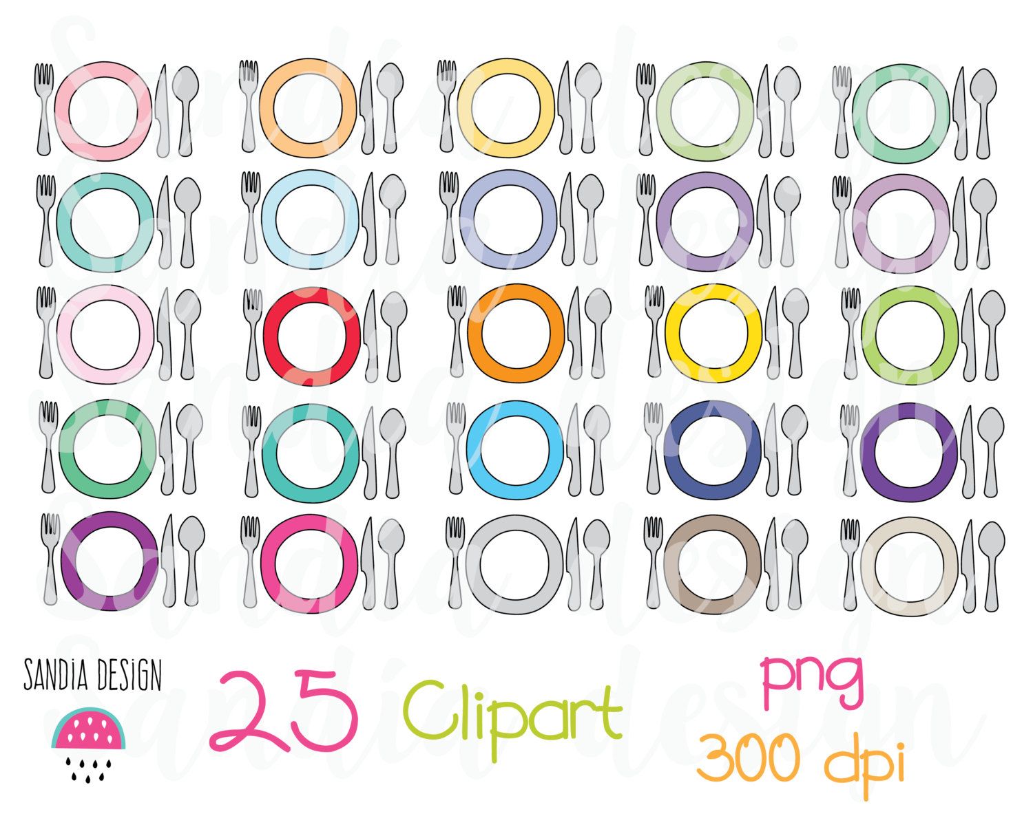 25 colorful plate and cutlery clipart illustrations in PNG format, 300 DPI, by Sandia Design.