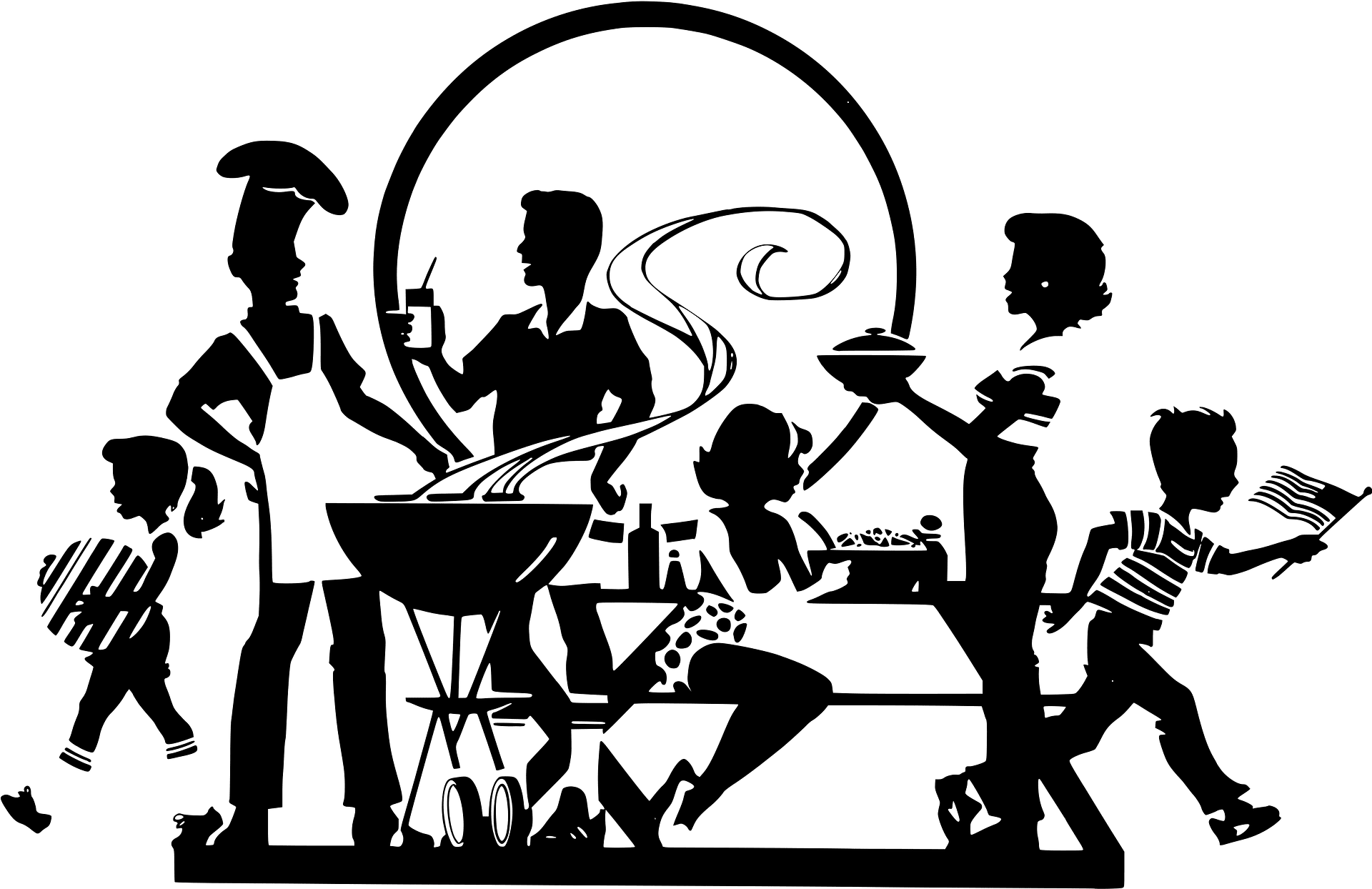Silhouette illustration of a family gathering around a barbecue grill, with adults cooking and serving, children playing and holding flags.