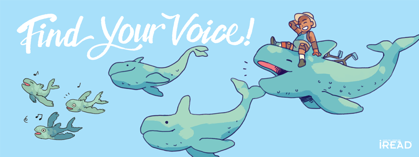 A joyful child rides a singing whale amid a pod of whales and fish, with "Find Your Voice!" text above and iREAD logo below.