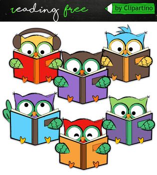 Six cartoon owls reading colorful books, wearing headphones or holding pages, in a cheerful educational illustration.
