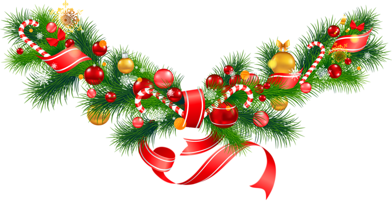 Festive Christmas garland with pine branches, red ribbons, candy canes, ornaments, and snowflakes on transparent background.